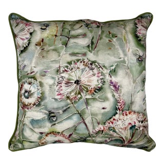 20" Square Decorative Throw Pillow With a Muted Watercolor Look Pink Floral Pattern With Bees on a Green Background - Made in the U K For Sale