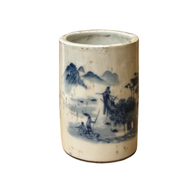 Chinese Distressed White Porcelain Blue Mountain Houses Graphic Holder Vase For Sale - Image 12 of 15