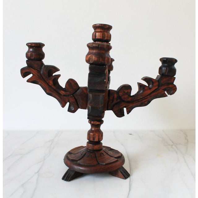 Mid-Century Modern Rustic Spanish Revival Style Carved Wood Five Arm Candelabra For Sale - Image 3 of 12