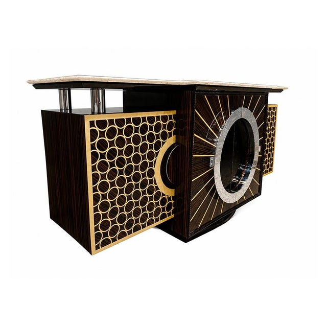 An elegant sideboard in contemporary art deco style, featuring a dramatic geometric design with circular motifs and...