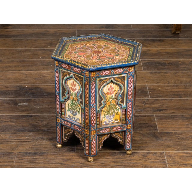 Moroccan Moorish Style 1920s Table with Hexagonal Top and Polychrome Décor For Sale In Atlanta - Image 6 of 10