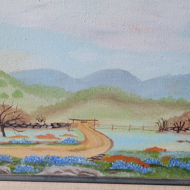 1980s Tx Bluebonnets Landscape Oil Painting Signed 29x17" Frame Linen Matt 24 X 12 Art For Sale - Image 10 of 16