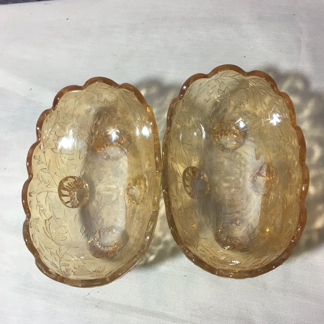 American Vintage Jeanette Floral Iridescent Floragold Louisa Scallop Footed Oval Bowls - Set of 2 For Sale - Image 3 of 11