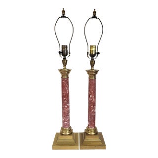 Antique French Grand Tour Bronze & Red Breccia Marble Vendome Column Lamps - Pair For Sale