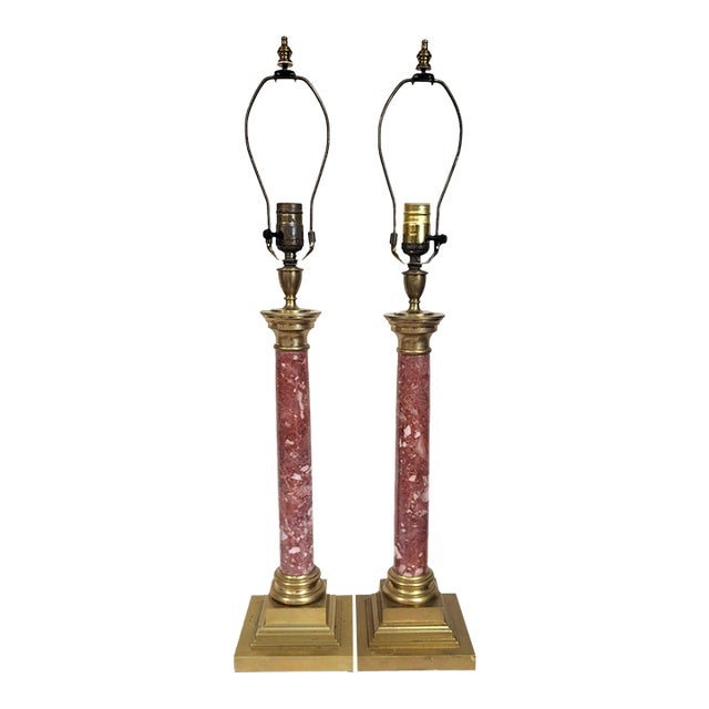 Antique French Grand Tour Bronze & Red Breccia Marble Vendome Column Lamps - Pair For Sale