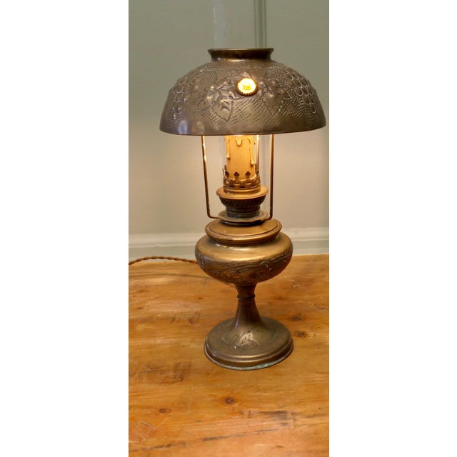 Unusual French Arts and Crafts Converted Oil Lamp The lamp base is made in brass and has a Brass Dome Shade which is set...
