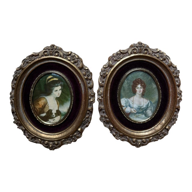 Vintage Cameo Creation Ornate Gilt Framed Miniature Portraits – Pair For Sale