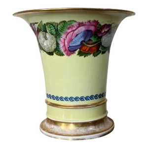 Large Antique Early 19th Century George III Porcelain Flower Pot Decorated With Band of Flowers and Insects on Yellow Ground