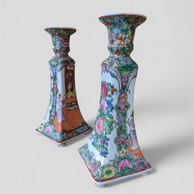 Vintage Chinoiserie Rose Medallion Porcelain Hand Painted Candle Holders -a Pair For Sale - Image 11 of 12