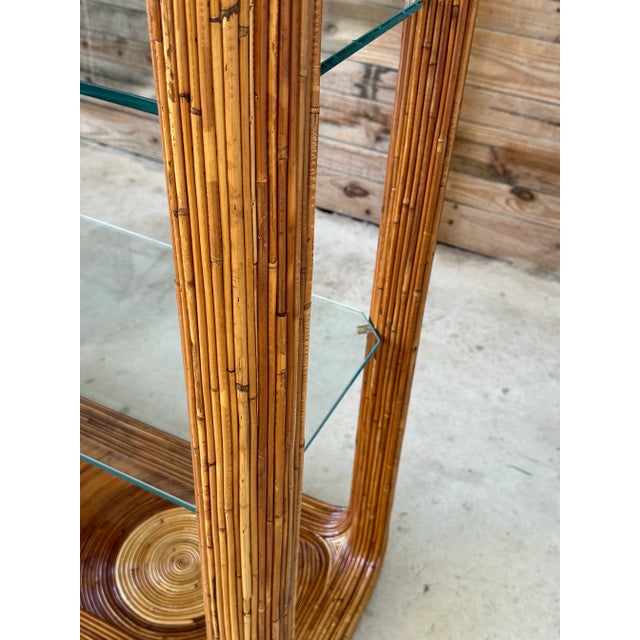 Monumental Vintage Pencil Rattan Waterfall Étagère With Glass Shelves For Sale - Image 10 of 12