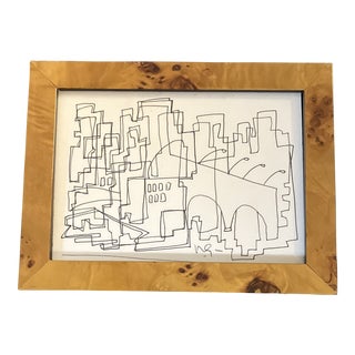 1980’s Original Vintage Wayne Cunningham Abstract Ink Drawing in a Burled Tabletop Frame For Sale