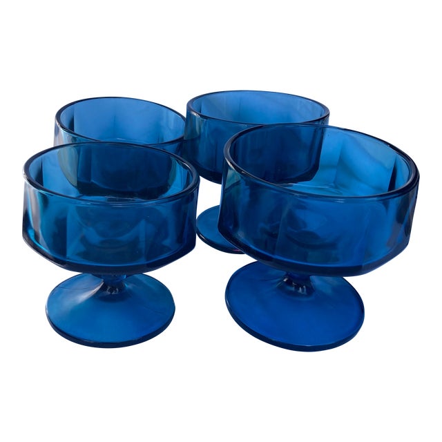 1980s Indiana Glass Colony Nouveau Riviera Blue Octagon Optic Low Sherbet Glass Dishes- Set of 4 For Sale
