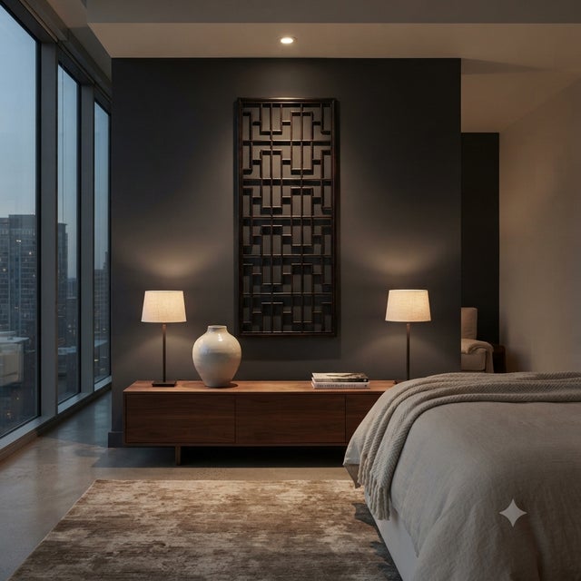 Art Deco Dark Brown Rustic 100" Geometric Rectangular Wood Panel Screen For Sale - Image 3 of 9