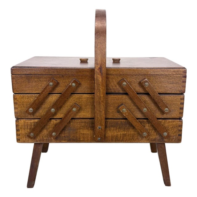 1960’s Mid Century Modern Expanding Wooden Sewing Box For Sale