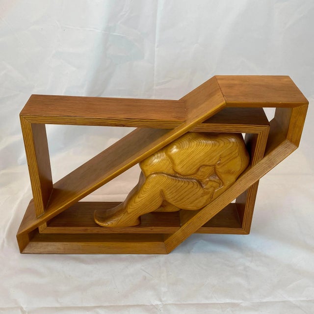 Mid-Century Figural Carved Wood Geometric Sculpture Confined Man in Box For Sale - Image 4 of 13