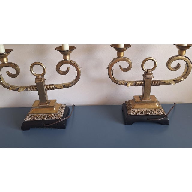 1960s 1960s Art Deco Hollywood Regency Twin Toleware Table Lamps - A Pair For Sale - Image 5 of 6
