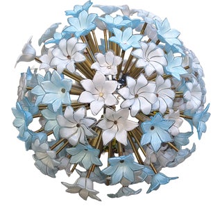 Large Brass Pendant Lamp with White and Blue Murano Glass Flowers For Sale