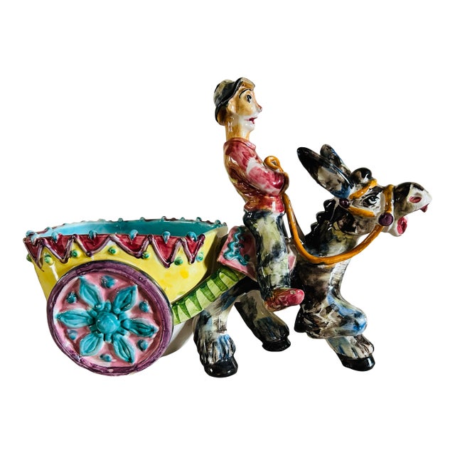 Vintage Man on Donkey With Cart Glazed Pottery Large Planter Made in Italy For Sale