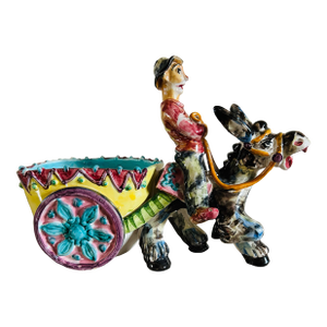 Vintage Man on Donkey With Cart Glazed Pottery Large Planter Made in Italy
