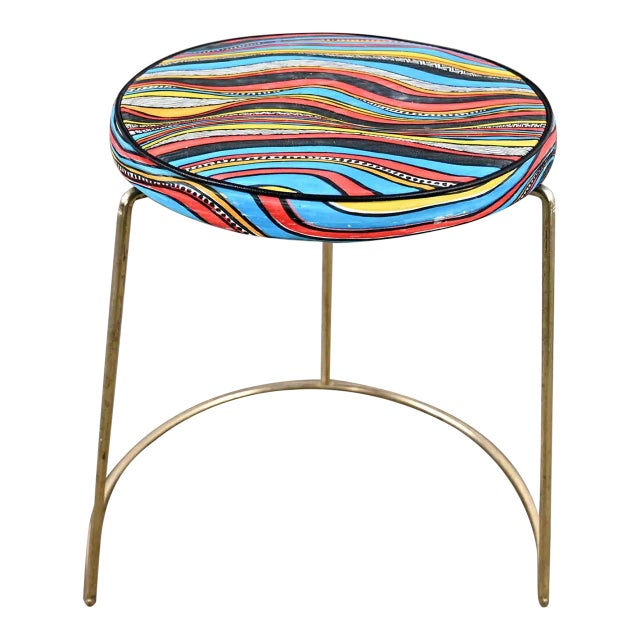 Vintage MCM Stool With Round Colorful Vinyl Seat & Brass Plated Steel Asymmetric Base For Sale
