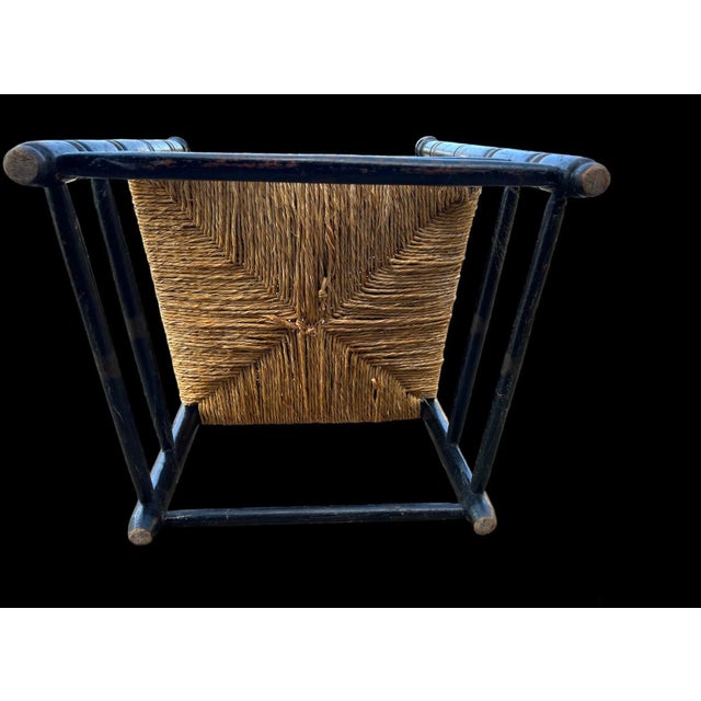 18th Century Ladder-Back Chairs with Curve-Top Slat-Back, Black Paint With Gold Colored Accents, Rush Seat, Hand-Turned Finials and Mushroom Handholds For Sale In Dallas - Image 6 of 12