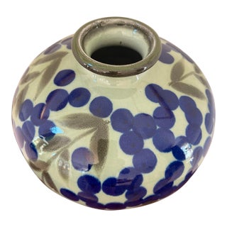 Hand-Painted Blue Floral Celadon Green Ceramic Vase For Sale