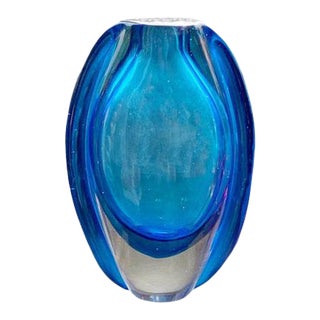 Vintage Mid Century Blue Art Glass Vase For Sale