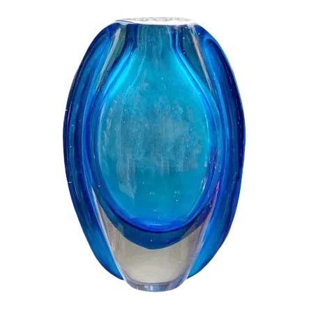 Vintage Mid Century Blue Art Glass Vase For Sale