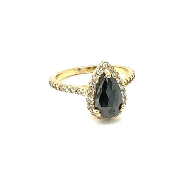2.06 Carat Pear Cut Halo Black Diamond Yellow Gold Engagement Ring There is a 1.65 Carat Pear Cut Black Diamond in the...