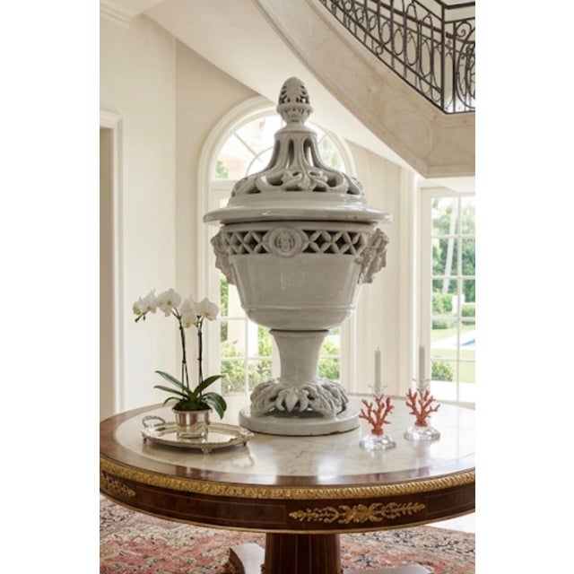 Ceramic Large Mid-Century Italian White Glazed Ceramic Covered Urn With Cherub Medallions For Sale - Image 7 of 11