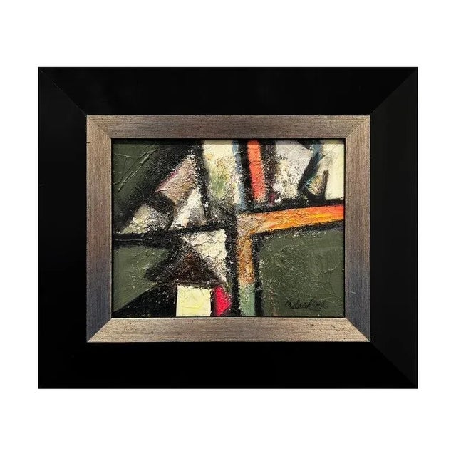 Earth-toned modern cubist abstract painting by Houston, TX artist David Adickes. The work features green, orange, and...