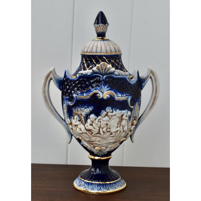 Italian Italian Ceramic Lidded Urn Capodimonte Cobalt Blue Gold Relief Cherubs 70s For Sale - Image 3 of 16