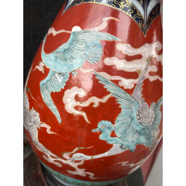 Early 20th C. Japanese Fukagawa Imari Crane Lamp With Silk Bell Shade & Brass Finial - Fully Rewired For Sale - Image 10 of 12