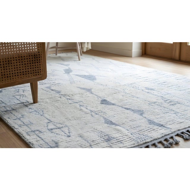 6x9 Ivory Hand-Knotted Wool Linear Motifs Tribal Modern Carpet Rug For Sale - Image 11 of 12