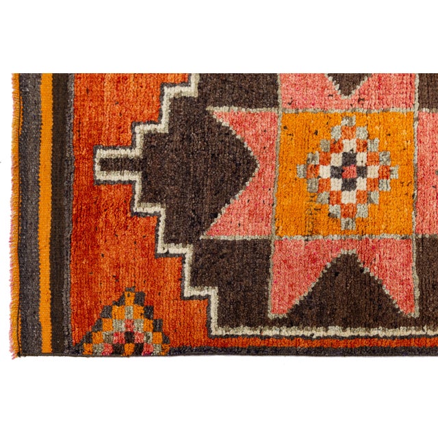 3 X 10 Vintage Turkish Wool Runner in Burnt Orange With Tribal Geometric Motifs For Sale - Image 4 of 10