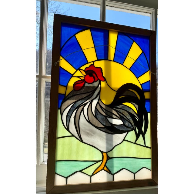 Mid 20th Century Framed Handcrafted Stain Glass Rooster and Vibrant Sunrise For Sale - Image 11 of 11