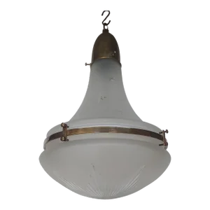 Vintage 1940s Art Deco Brass Hanging Chandelier Frosted Star Glass Shade