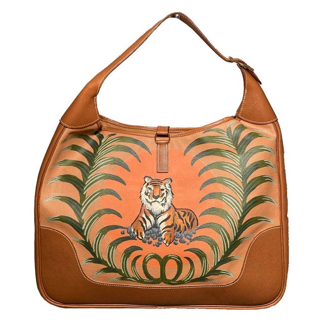 Vintage Hermes Trim Bag with Hand Painted Tiger in very good condition. Tan veau graine lisse leather and matching canvas...