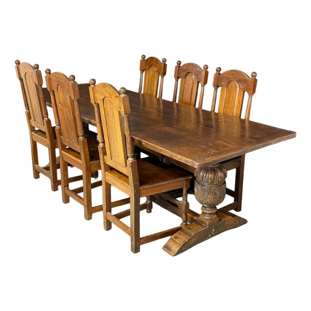 Antique Elizabethan Jacobean Style Oak Refectory Dining Table and Chairs, 1900, Set of 7 For Sale