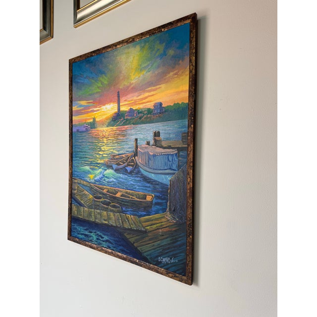 E. Copello Veliz Impressionist Coastal Lighthouse Sunset Landscape Oil on Canvas Painting For Sale - Image 4 of 12