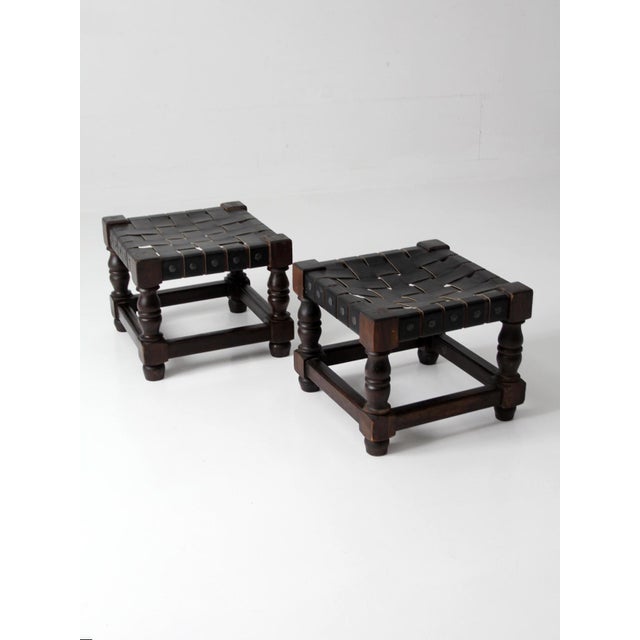 Mid-Century Spanish Revival Leather Strap Stools Pair For Sale - Image 11 of 15