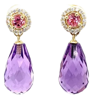 Natural Amethyst Diamond Tourmaline Yellow Gold Drop Earrings, A Pair