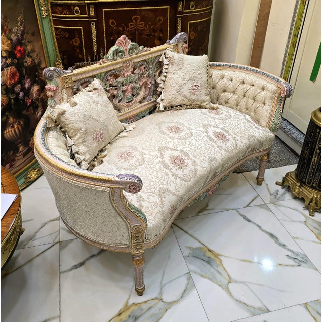 French Rococo-Style Sofa – Pastel Floral Upholstery With Ornate Gold Leaf & Carved Frame For Sale - Image 4 of 6