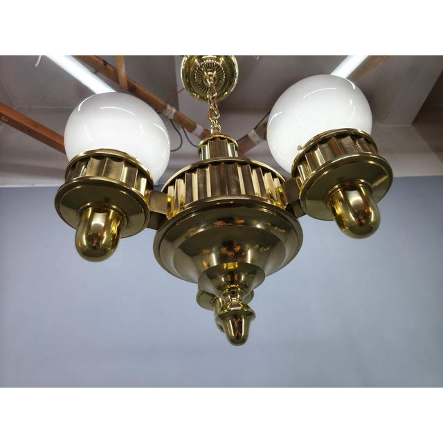 Art Deco Brass and Opaline Glass Chandelier, Czechoslovakia, 1930s For Sale - Image 4 of 12