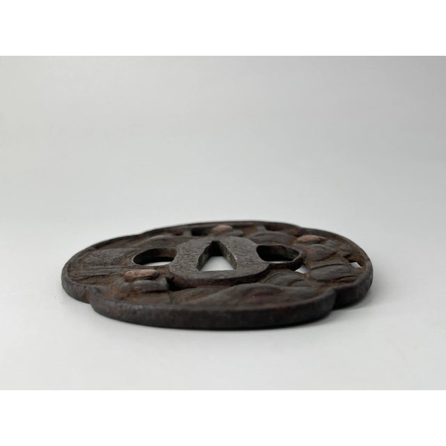 Japanese Antique Japanese Samurai Sword Hilt – Iron Tsuka With Engraved Floral Motifs For Sale - Image 3 of 7