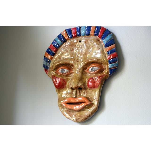 Mid-Century Modern Mid 20th Century Vibrant Wall Ceramic Face Mask Art Sculpture For Sale - Image 3 of 6