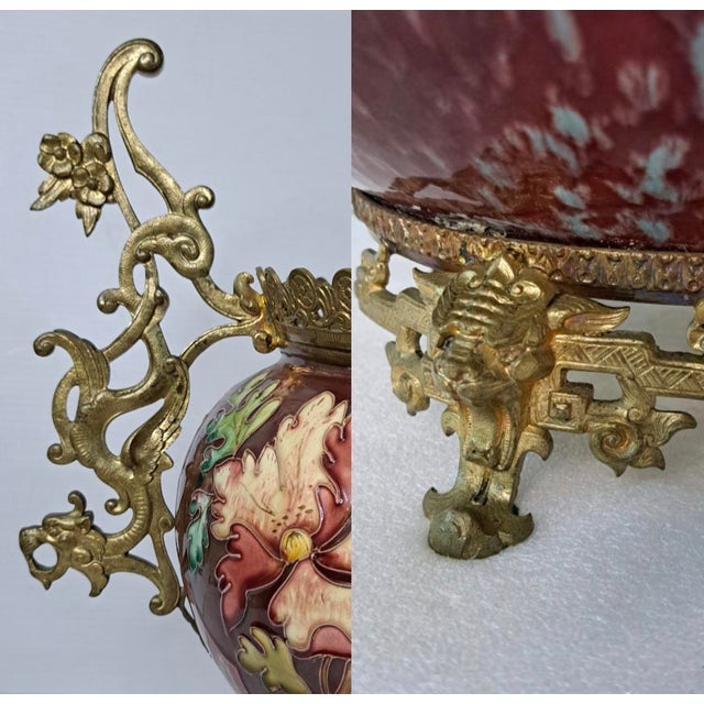 Late 19th Century French Majolica Jardinière With Bronze Dragon Handles For Sale - Image 11 of 15