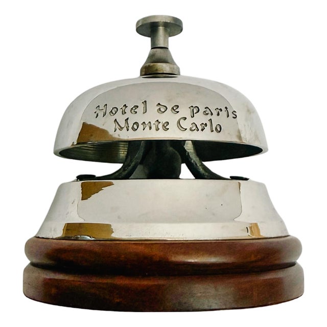 Vintage French Riviera Nickel & Mahogany Reception Desk Bell From Hotel De Paris in Monaco For Sale