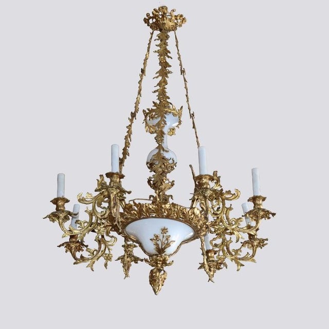 Antique French Louis XIV Gilt Bronze & Opaline Glass Candelabra Chandelier 19thC For Sale - Image 10 of 10