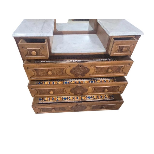 Antique Victorian Eastlake Marble Top Dresser With Mirror – Walnut & Burled Wood For Sale - Image 6 of 7